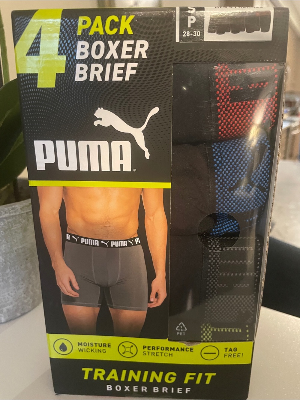 PUMA Men's Boxer Brief 4-Pack in Black with Red & Blue Accents